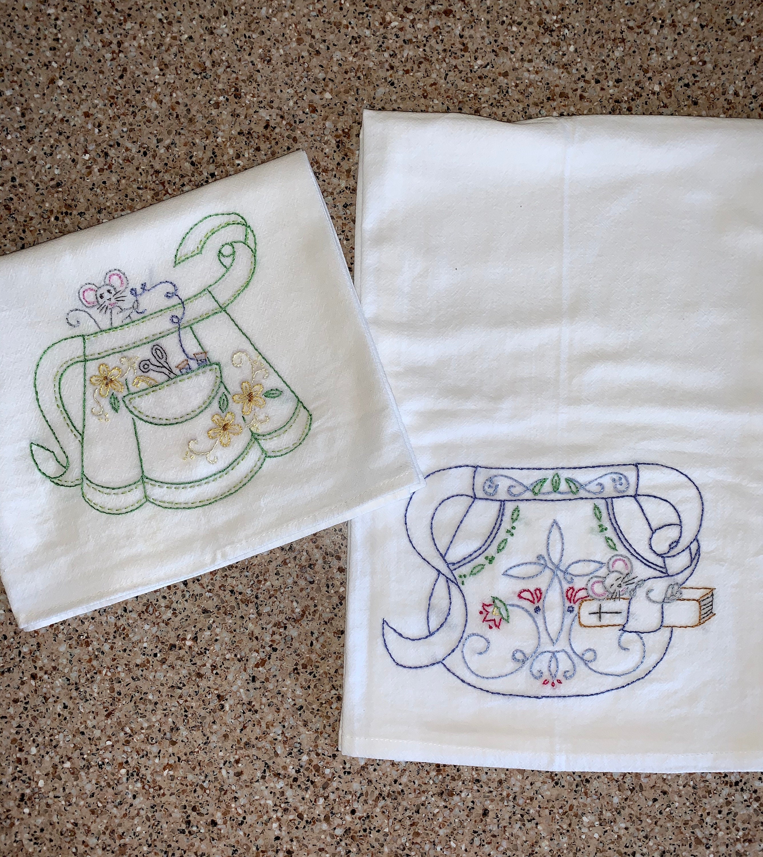 Set of Two Hand Embroidered Dish Towels Sewing and Napping Etsy