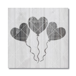 May include: Three heart-shaped balloons with a wood grain texture, in shades of gray, are depicted against a white wood-plank background. The balloons are connected by wavy strings. The image has a rustic, romantic feel.