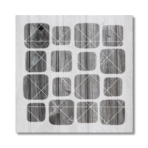 May include: A square wooden panel with a grid of rounded square cutouts. The cutouts reveal a wood grain pattern, while the background is a lighter wood. White lines intersect the cutouts.