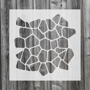 May include: White stencil with a geometric pattern of overlapping circles and ovals, resembling a stone or mosaic design.