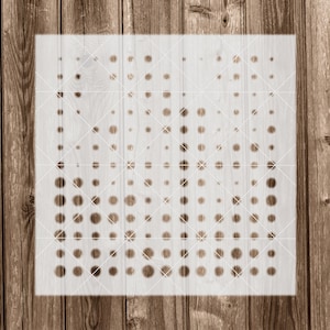 May include: White stencil with a pattern of various sized circles arranged in rows. The circles are evenly spaced and create a gradient effect.