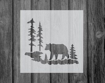 Bear with Forest Stencil, Reusable Mylar Craft Stencil For Painting, 711