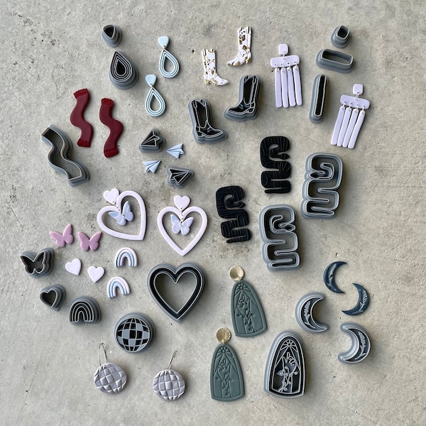 Polymer Clay Cutters – Taylor Swift Eras Tour Collection; dangle earring, cowboy boot, scarf/squiggle, snake, airplane, heart, butterfly