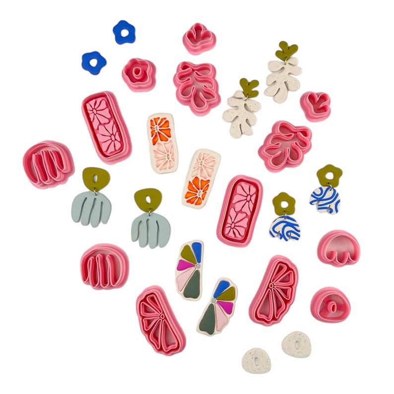May include: Assortment of colorful polymer clay earrings in various shapes and designs, including flowers, leaves, and geometric patterns. The earrings are handmade and feature a variety of colors, including pink, blue, green, and white.