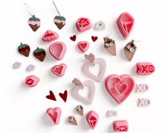 Valentine's Day Polymer Clay Cutters Set of 12 – Heart, Lips, XO, Flowers, Envelope, Strawberry, Plastic Cutter for Earring The Clayful Co