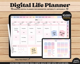May include: A digital life planner app on a tablet screen with a pink and blue color scheme. The app features a weekly calendar, habit tracker, and note-taking sections. The text "Digital Life Planner" is at the top of the screen. The text "Mon/Sun Start" is at the bottom of the screen. The text "EXTRA PAGES: VISION BOARD, GOALS, HABITS, HEALTH, MONEY, NOTES, LISTS AND MORE..." is at the bottom of the screen.