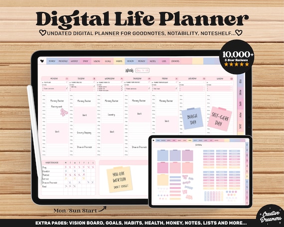 Digital Life Planner, Digital iPad Planner, Notability Planner, Goodnotes Planner, Cute Notebook, Undated Digital Planner 2025 2026 Stickers