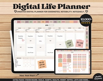 May include: A digital life planner app on a tablet screen with a weekly calendar, habit tracker, and stickers. The app is designed for Goodnotes, Notability, and Noteshelf. The app has a pink and brown color scheme. The text on the screen says "Digital Life Planner" and "Mon/Sun Start".