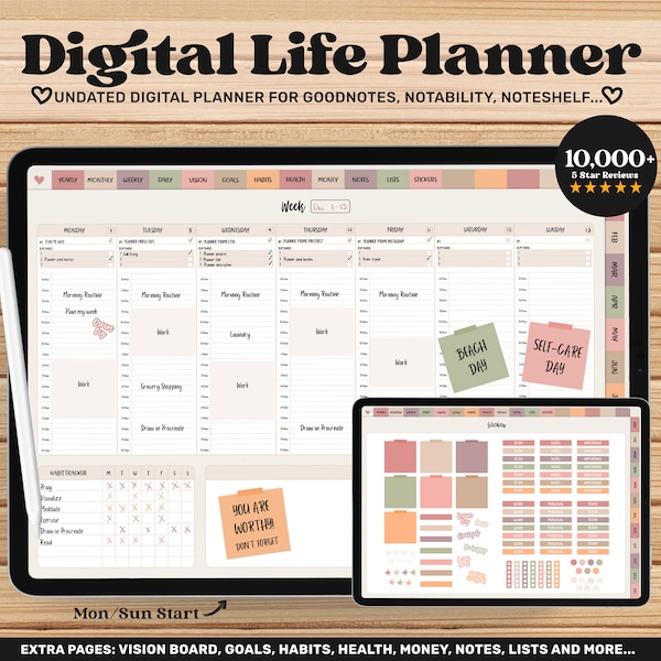 Digital Planner iPad, Goodnotes Planner, Undated Digital Planner, Digital Life Planner, Notability, Hourly Planner, Digital Planner Covers