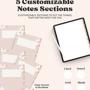 May include: A digital planner set featuring five customizable notes sections with daisy illustrations on a light pink background. Includes a tablet displaying a dotted page, a stylus, and four circular icons labeled Lined, Dotted, Grid, and Blank.