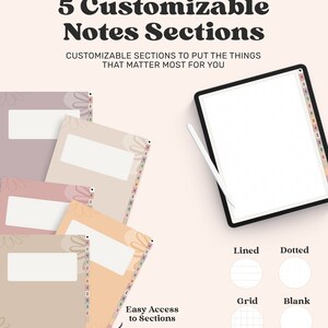 May include: A digital planner set featuring five customizable note sections with floral covers in muted tones, a tablet displaying a dotted page with a stylus, and four circular icons labeled Lined, Dotted, Grid, and Blank for page layouts.