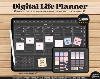 May include: A digital life planner for Goodnotes, Notability, and Noteshelf. The planner features a weekly layout with sections for Monday through Sunday. It also includes a habit tracker, a vision board, and other pages for goal setting, habit tracking, health, money, notes, and lists. The planner is undated and can be used for any year.