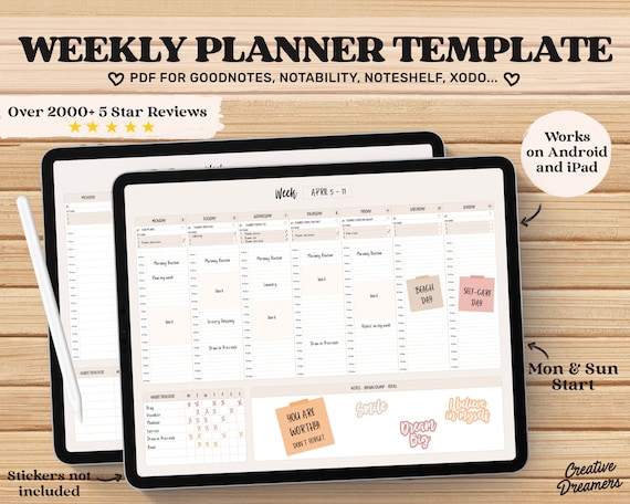 Weekly Planner Goodnotes Template, Hourly Planner, Undated, Digital Planner pdf, Goodnotes Planner, Digital Journal pdf, Daily iPad Planner