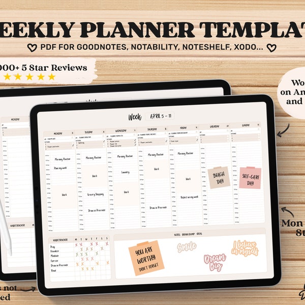 Wochenplaner Goodnotes Vorlage, Stundenplaner, Undatiert, Digitaler Planer pdf, Goodnotes Planner, Digitales Journal pdf, Täglicher iPad Planner