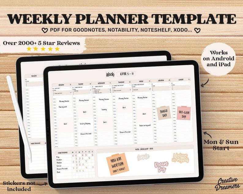 May include: A digital weekly planner template for Goodnotes, Notability, Noteshelf, and Xodo apps. The template features a weekly calendar with space for daily tasks and notes. The template also includes a monthly calendar, habit tracker, and motivational quotes. The template is designed for use on Android and iPad devices. The text "Week April 5-11" is visible on the template.