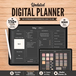 May include: An undated digital planner with a dark gray interface, white text, and a white stylus. The planner features a daily schedule, goal tracking, and meal planning sections. A smaller screen displays colorful digital stickers and covers.