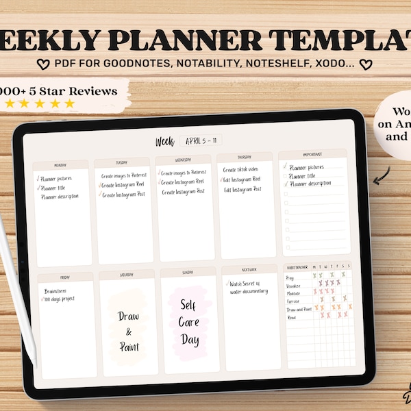 Weekly Planner, Goodnotes Planner, Undated Digital Planner pdf, Goodnotes Template, Digital Journal, Daily iPad Planner, Weekly schedule