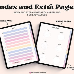 May include: Two digital tablet screens showing a digital planner with an index page and extra pages. The index page has 11 numbered rows with pastel colored backgrounds. The extra pages include lined, dotted, grid, to-do, notes, and blank pages. The tabs on the pages are hyperlinked.