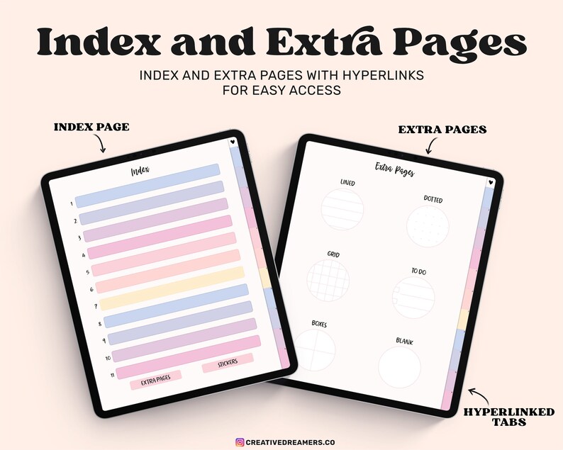 May include: Two digital tablet screens showing a digital planner with an index page and extra pages. The index page has 11 numbered rows with pastel colored backgrounds. The extra pages include lined, dotted, grid, to-do, notes, and blank pages. The tabs on the pages are hyperlinked.