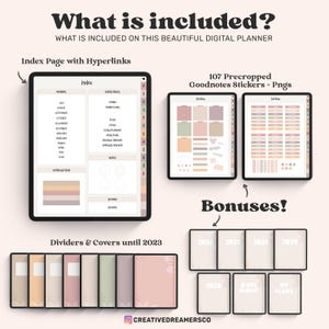 May include: A digital planner set featuring an index page with hyperlinks, 107 precropped Goodnotes stickers and PNGs, and various dividers and covers labeled with years up to 2029. The text includes What is included, Index, and Bonuses.