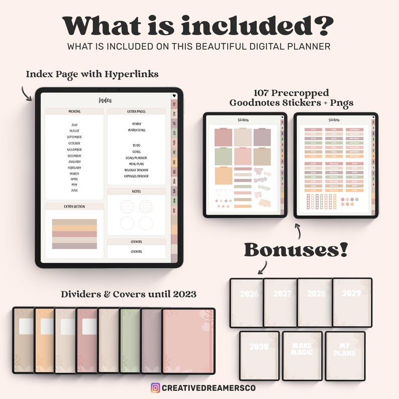 May include: A digital planner set featuring an index page with hyperlinks, 107 precropped Goodnotes stickers and PNGs, and various dividers and covers labeled with years up to 2029. The text includes What is included, Index, and Bonuses.
