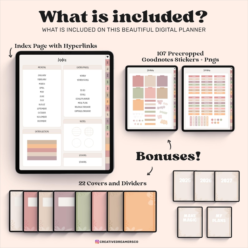 Undated Goodnotes Planner, Monthly Digital Planner, Goodnotes Template, iPad Planner, Digital Journal Pdf, Goodnotes Stickers Boho, Simple image 2