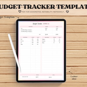 May include: A digital budget tracker template on a tablet screen. The template is designed for use with note-taking apps like Goodnotes, Notability, and Noteshelf. The template includes sections for income, expenses, and savings. The template is designed in a pink and orange color scheme.