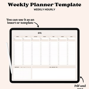 May include: A digital weekly planner template on a tablet screen. The template is divided into seven columns for each day of the week, with hourly time slots. There is also a section for habit tracker and notes.