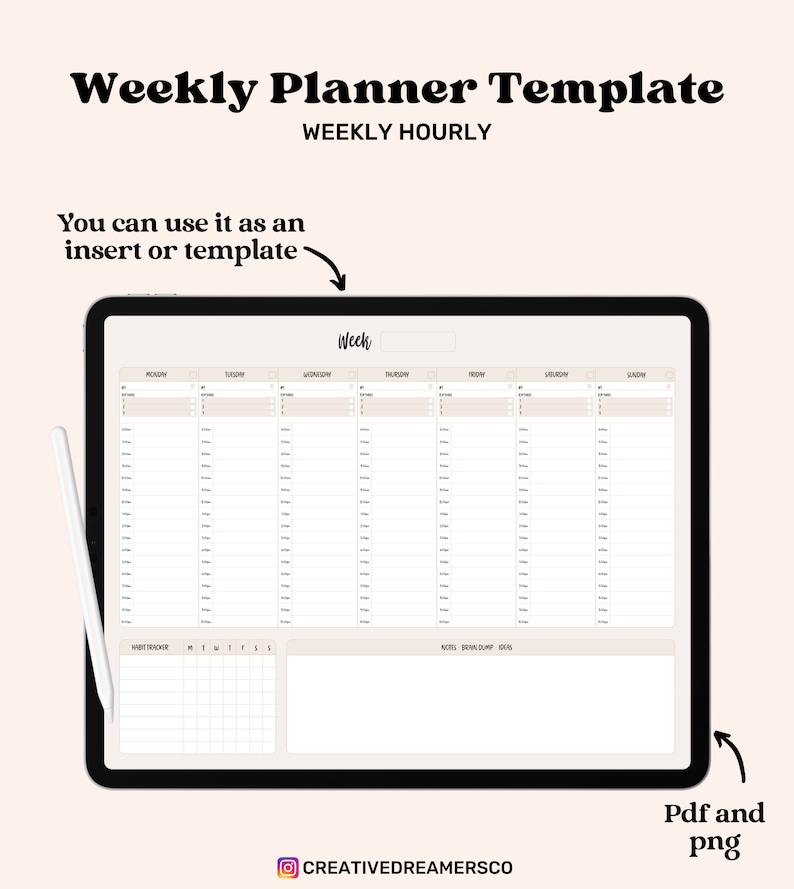May include: A digital weekly planner template on a tablet screen. The template is divided into seven columns for each day of the week, with hourly time slots. There is also a section for habit tracker and notes.