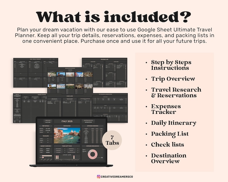 May include: A digital Google Sheet travel planner template featuring a dark interface with seven tabs. The layout includes sections for trip overview, research, reservations, expenses, daily itinerary, packing lists, and checklists for travel planning.
