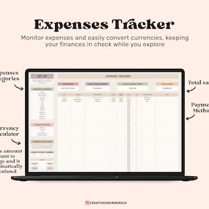 May include: A digital expense tracker spreadsheet displayed on a laptop screen. The interface features sections for expense categories, a currency calculator, destination, total travel budget, actual amount spent, total saved, and payment methods.