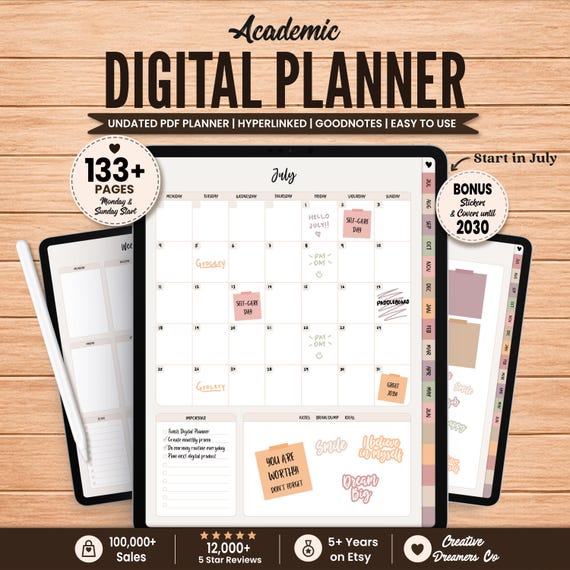 Academic Planner Digital, Undated 2026 Digital Planner, 2027 Mid Year Planner, Monthly Planner, Weekly Planner iPad, Goodnotes Stickers