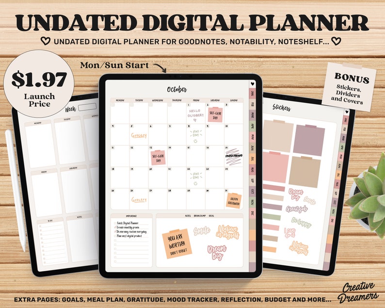 Undated Goodnotes Planner, Monthly Digital Planner, Goodnotes Template, iPad Planner, Digital Bullet Journal Pdf, Goodnotes Stickers Boho 