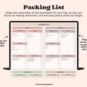 May include: A digital packing list template displayed on a screen, featuring sections for John and Maria with categories for hand luggage, clothing, technology, toiletries, and miscellaneous items, including checkboxes to mark items as packed.
