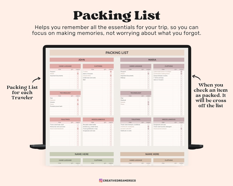 May include: A digital packing list template displayed on a screen, featuring sections for John and Maria with categories for hand luggage, clothing, technology, toiletries, and miscellaneous items, including checkboxes to mark items as packed.