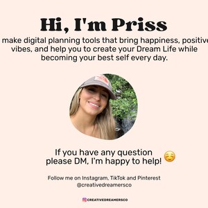May include: A woman with long brown hair is smiling at the camera. She is wearing a gray baseball cap and a white shirt. The background is a blurred image of trees. The text "Hi, I'm Priss" is at the top of the image. The text "I make digital planning tools that bring happiness, positive vibes, and help you to create your Dream Life while becoming your best self every day." is below the woman's image. The text "If you have any question please DM, I'm happy to help!" is below the text. The text "Follow me on Instagram, TikTok and Pinterest @creativedreamersco" is below the text. The text "CREATIVEDREAMERSCO" is at the bottom of the image.