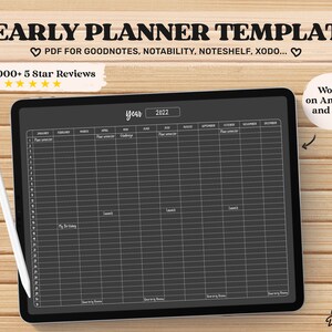 May include: A black and white yearly planner template for 2022 displayed on a tablet screen. The template is designed for use with note-taking apps such as Goodnotes, Notability, Noteshelf, and Xodo. The template features a calendar grid with space for each month of the year, as well as sections for planning and goal setting. The text "Works on Android and iPad" is visible in the top right corner of the screen.