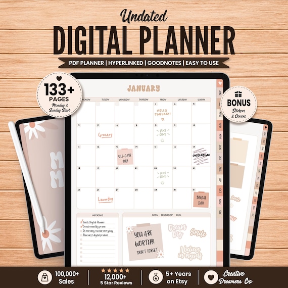 Boho Undated Goodnotes Planner, Weekly Digital Planner, Monthly Planner, Goodnotes Template, Goodnotes Stickers, Planner Template iPad Pdf