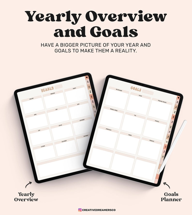 May include: Two digital tablets displaying a yearly overview and goals planner. The screens feature grid layouts with headers including Yearly, Goals, and months. A white stylus rests beside the right tablet. Text reads Yearly Overview and Goals.