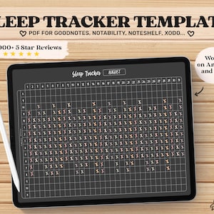 May include: A digital sleep tracker template for August on a tablet screen. The template is a grid with 31 squares, each representing a day of the month. The squares are filled with colored Xs to indicate sleep patterns. The template is designed for use with note-taking apps like Goodnotes, Notability, Noteshelf, and Xodo.