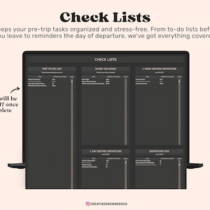May include: A digital checklist template displayed on a screen, featuring columns for trip to-do lists, booking tasks, and departure timelines. The dark-themed interface includes checkboxes for tracking progress, with text indicating items will be crossed off once complete.