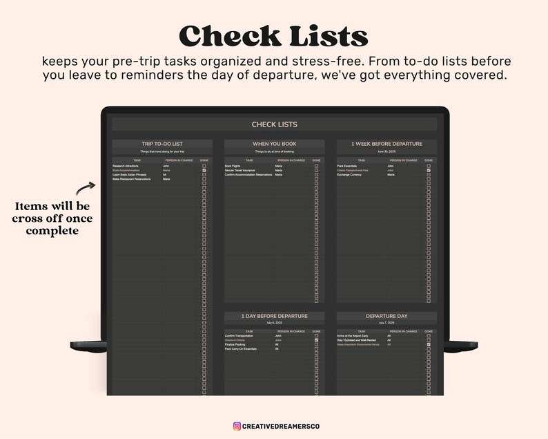 May include: A digital checklist template displayed on a screen, featuring columns for trip to-do lists, booking tasks, and departure timelines. The dark-themed interface includes checkboxes for tracking progress, with text indicating items will be crossed off once complete.