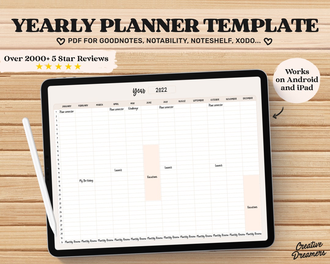 Goodnotes Template, Yearly Digital Calendar, Undated Digital Planner