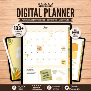 May include: An undated digital planner displayed on tablet screens with a June calendar view, featuring a monthly grid, a notes section, and motivational text stickers. The interface includes side tabs, a stylus, and text labels like 133+ Pages.
