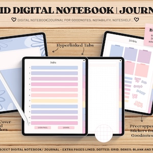 May include: A digital notebook and journal for Goodnotes, Notability, and Noteshelf. The notebook has a blue and pink colour scheme with a grid pattern. It includes an index, extra pages, and stickers. The image also shows precropped stickers for Goodnotes.