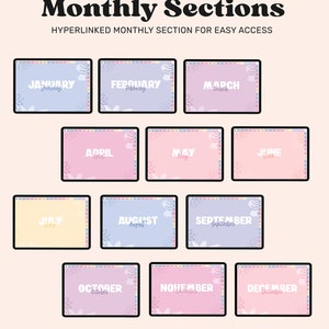 Puede incluir: Un planificador digital con 12 secciones coloridas, cada una representando un mes del a&ntilde;o. Las secciones est&aacute;n etiquetadas con el nombre del mes y un dise&ntilde;o floral. El texto "Monthly Sections" y "Hyperlinked Monthly Section for Easy Access" est&aacute; en la parte superior de la imagen.