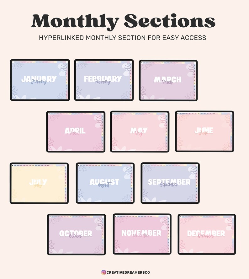 Puede incluir: Un planificador digital con 12 secciones coloridas, cada una representando un mes del a&ntilde;o. Las secciones est&aacute;n etiquetadas con el nombre del mes y un dise&ntilde;o floral. El texto "Monthly Sections" y "Hyperlinked Monthly Section for Easy Access" est&aacute; en la parte superior de la imagen.