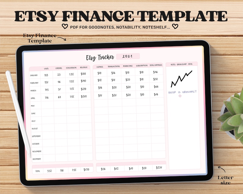 May include: A digital tablet screen displaying a pink and white Etsy finance tracker template for 2021. The template includes columns for visits, orders, conversion rate, revenue, listings, transactions, marketing, subscriptions, total expenses, notes, and a graph showing shop growth. The text "Shop is growing!!" is written in the notes section.