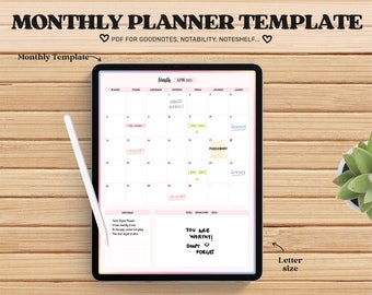 Monthly Planner Goodnotes Template, Undated Monthly Planner, Monthly Digital Planner, Monthly Planner Page, Goodnotes, Notability Template