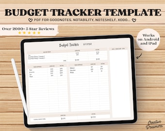 May include: A digital budget tracker template displayed on a tablet with a stylus. The screen shows a budget breakdown for September, including income, expenses, and totals. Text at the top reads "Budget Tracker Template" and "Over 2000+ 5 Star Reviews."